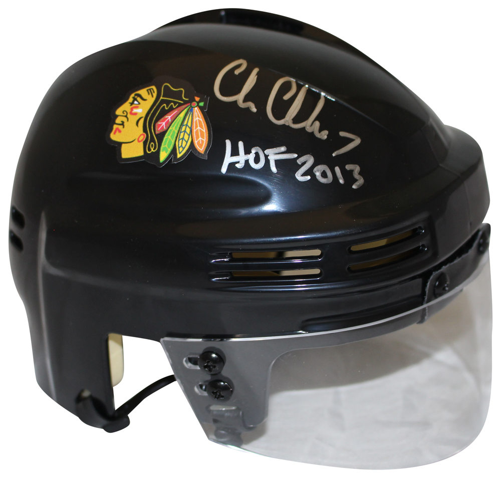 Chris Chelios Signed Chicago Blackhawks Black Mini Helmet HOF Beckett