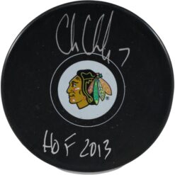 Chris Chelios Autographed/Signed Chicago Blackhawks Logo Puck HOF Beckett 53961