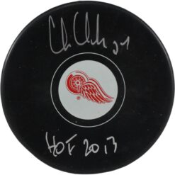 Chris Chelios Autographed/Signed Detroit Red Wings Logo Puck HOF Beckett 53965