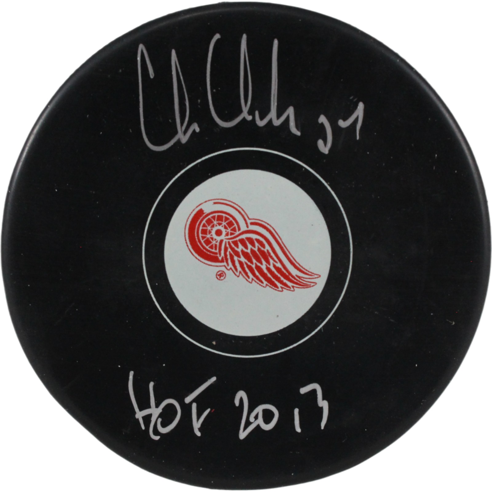 Chris Chelios Autographed/Signed Detroit Red Wings Logo Puck HOF Beckett 53965 1 Chris Chelios Autographed/Signed Detroit Red Wings Logo Puck HOF Beckett 53965