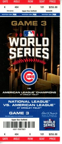 Chicago Cubs 2016 World Series Game 3 Full Ticket Stub MLB 55540