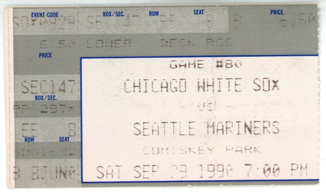 Chicago White Sox Comiskey Park Last Night Game 9/29/90 V. Mariners Ticket 56248