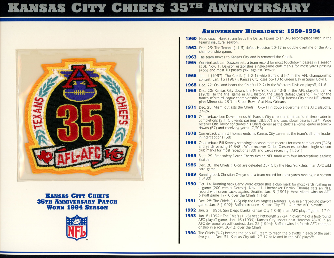 Kansas City Chiefs 35th Anniversary Patch Stat Card Official Willabee & Ward