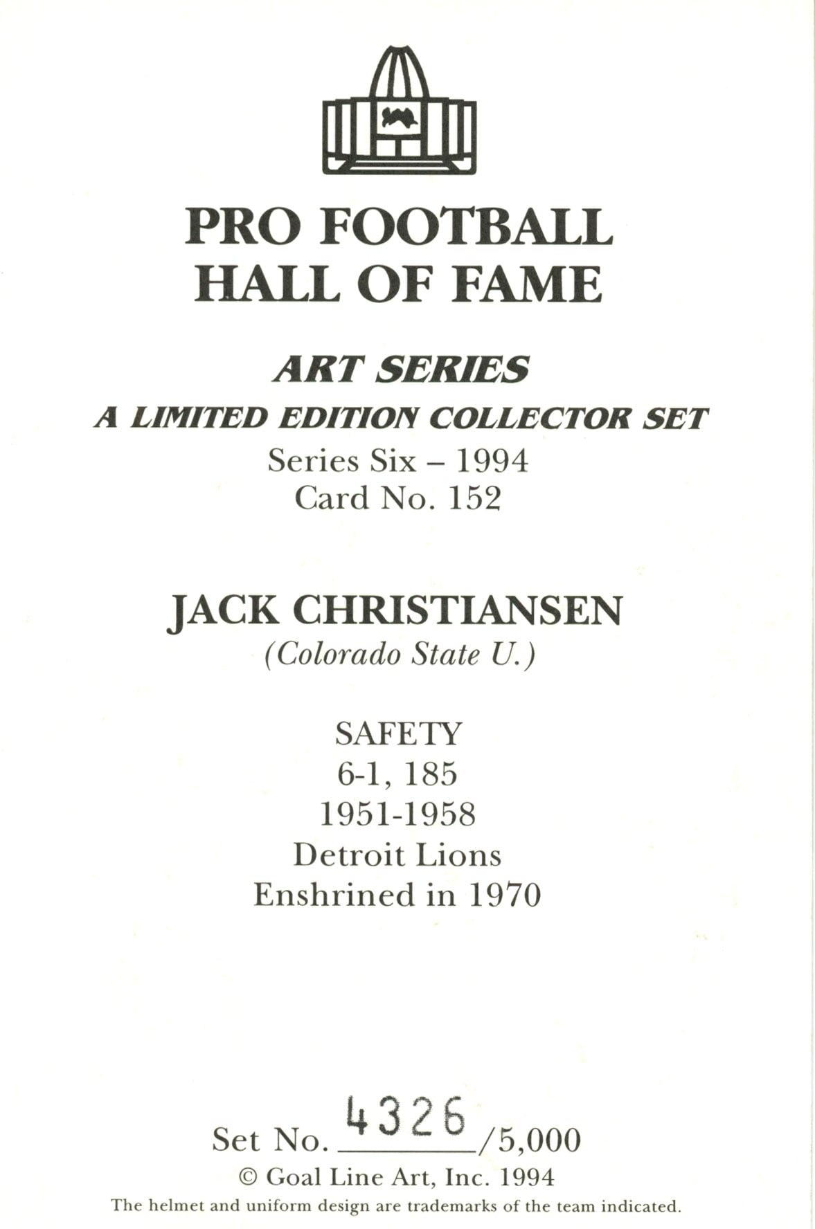 Jack Christiansen Detroit Lions Goal Line Art Card Series 6 No Jack Christiansen Detroit Lions Goal Line Art Card Series 6 No. 152 /5000 58053