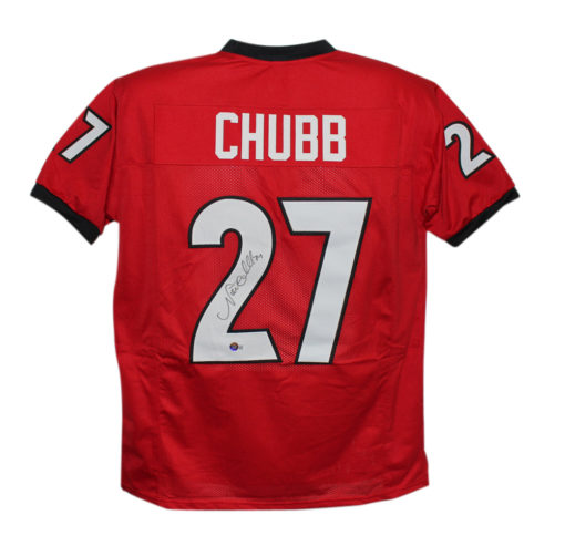 Nick Chubb Autographed/Signed College Style Red XL Jersey Beckett