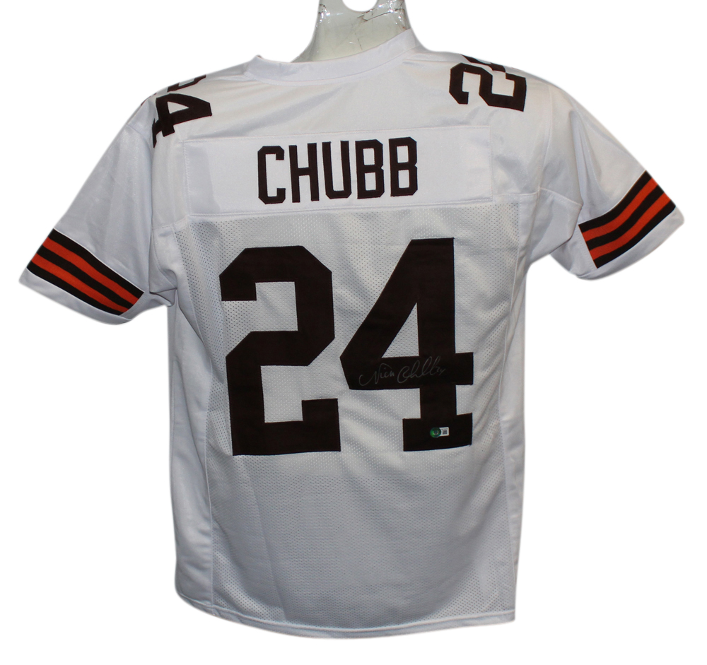 Nick Chubb Autographed/Signed Pro Style White XL Jersey BAS 32359