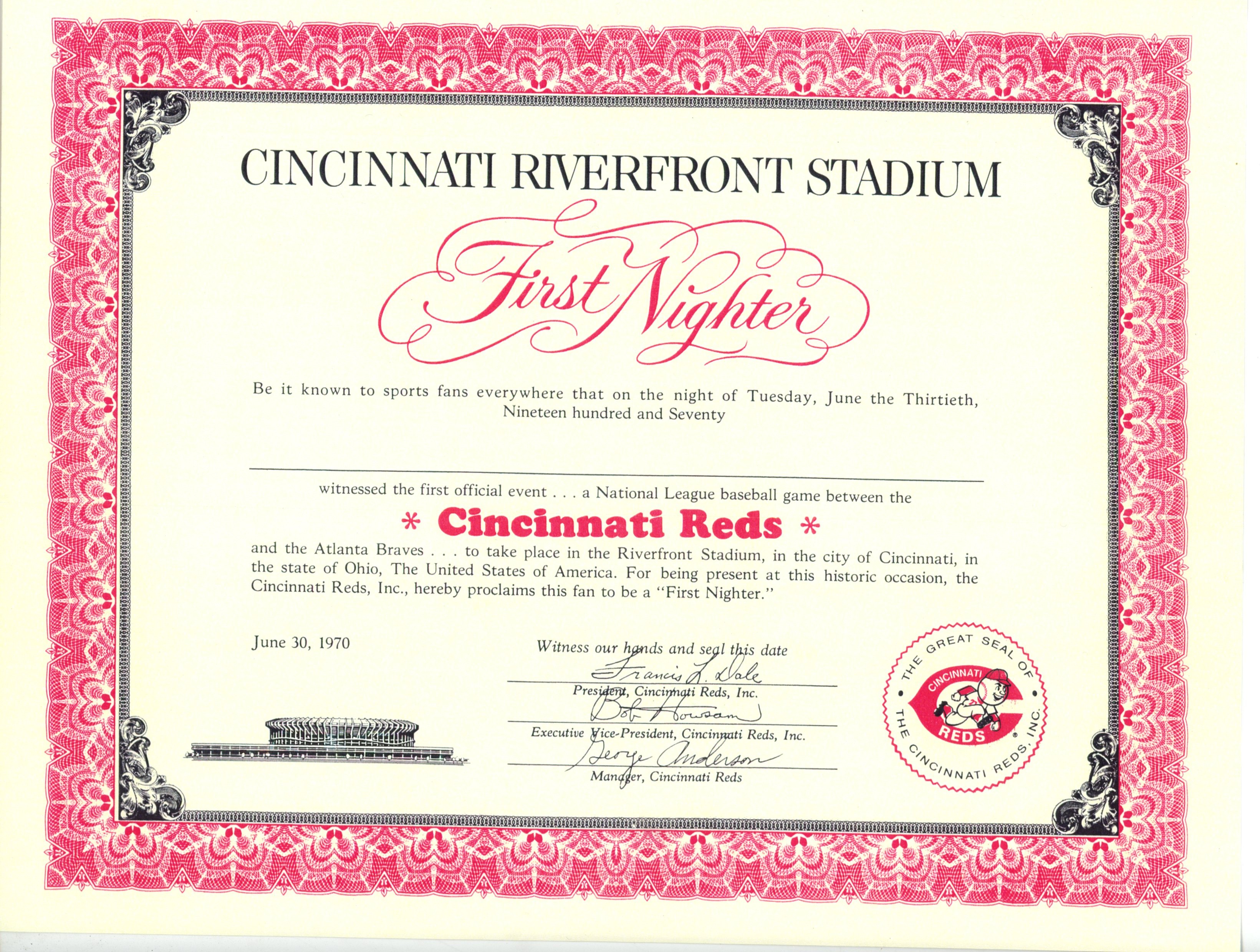 Cincinnati Reds Inaugural 1st Nighter Riverfront 6/30/1970 Certificate 56268