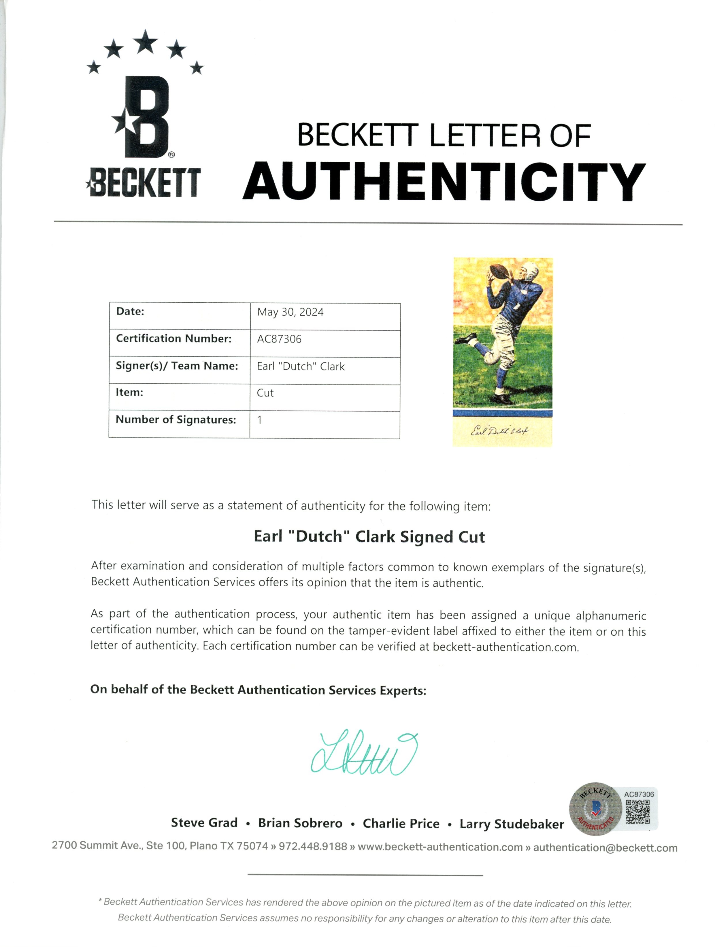 Earl Dutch Clark Signed Detroit Lions Mat Cut Auto Goal Line Art Card BAS 55401