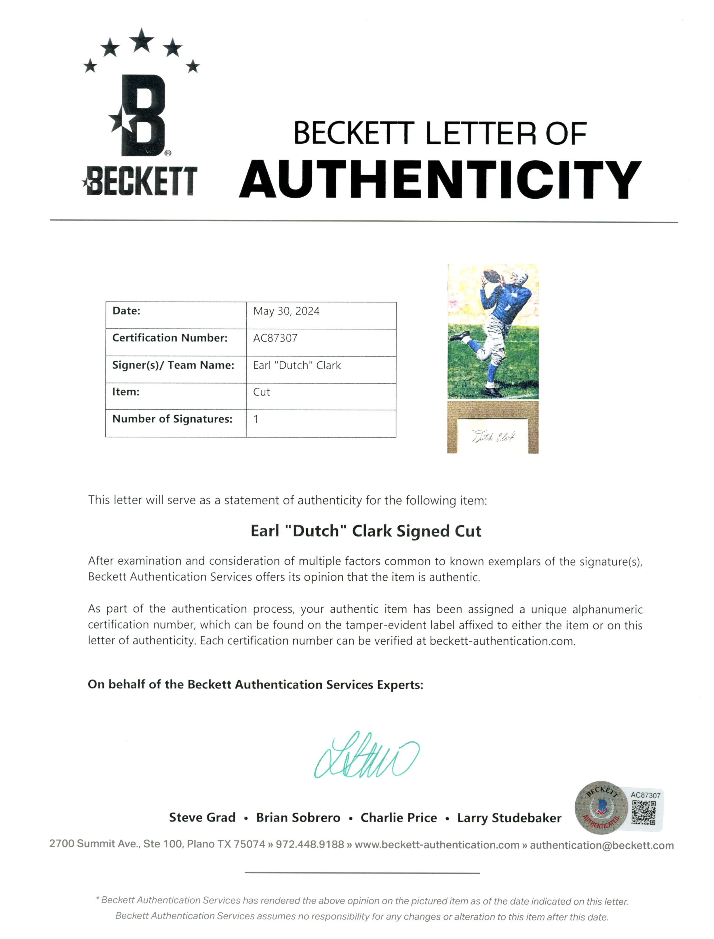 Earl Dutch Clark Signed Detroit Lions Mat Cut Auto Goal Line Art Card BAS 55400