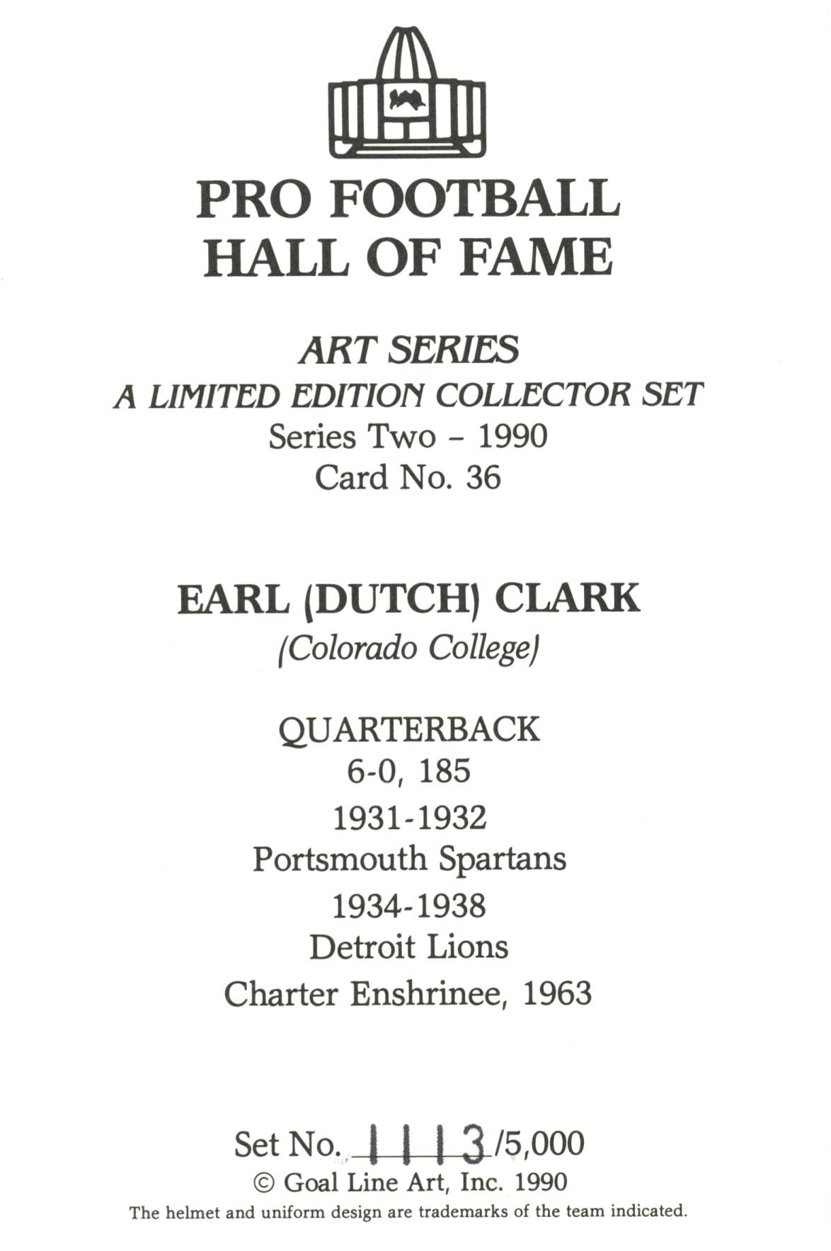 Earl "Dutch" Clark Detroit Lions Goal Line Art Card Series 2 No Earl "Dutch" Clark Detroit Lions Goal Line Art Card Series 2 No. 36 /5000 58054