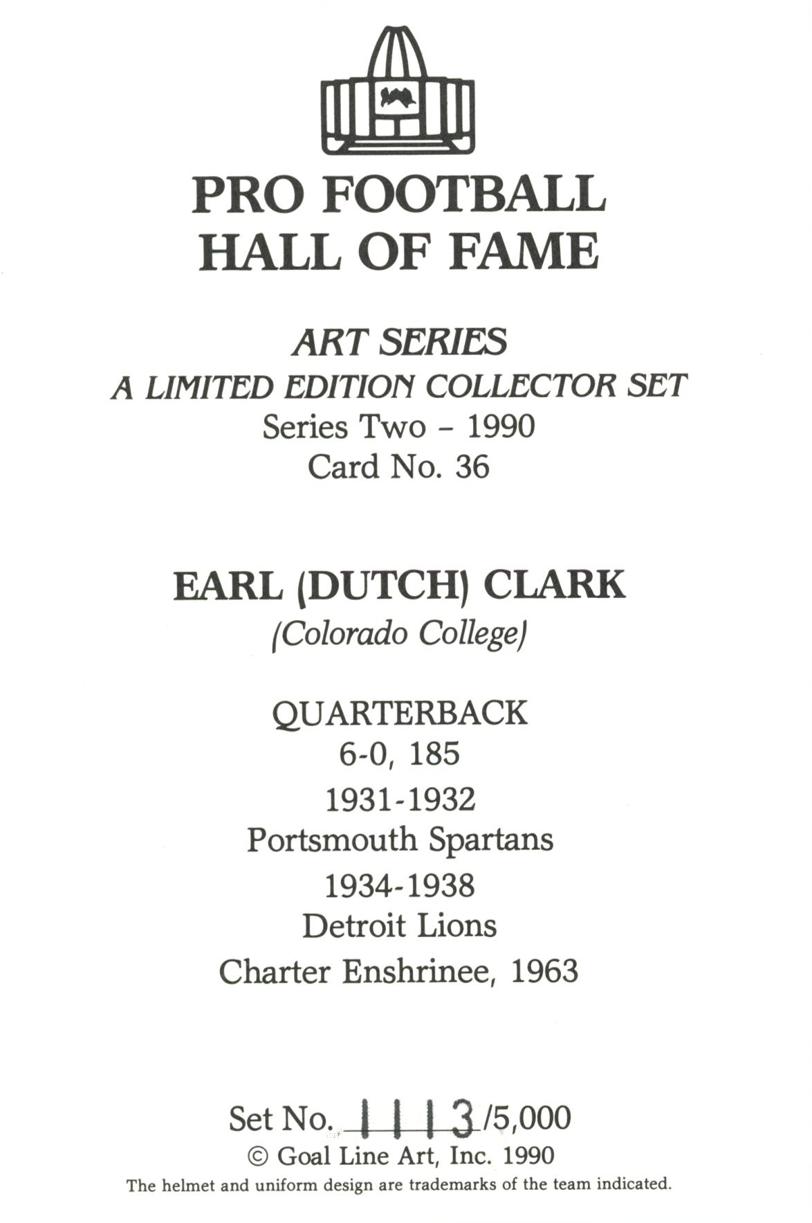Earl "Dutch" Clark Detroit Lions Goal Line Art Card Series 2 No Earl "Dutch" Clark Detroit Lions Goal Line Art Card Series 2 No. 36 /5000 58054
