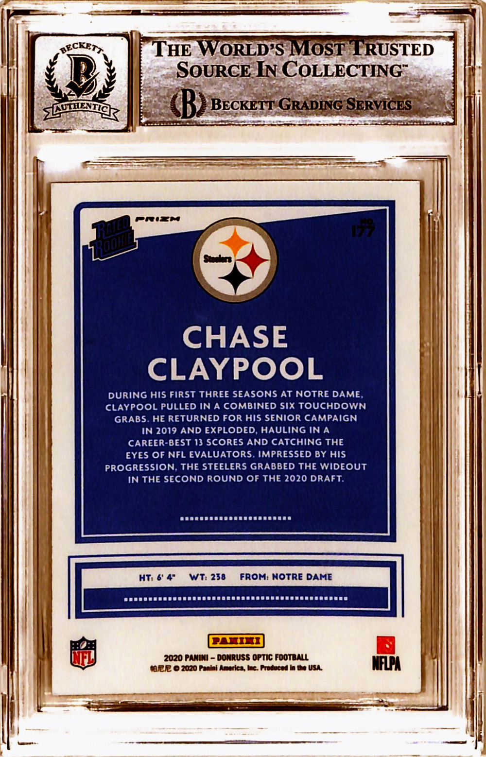 Chase Claypool Signed 2020 Donruss Optic #177 Rookie Card Beckett 10 Slab