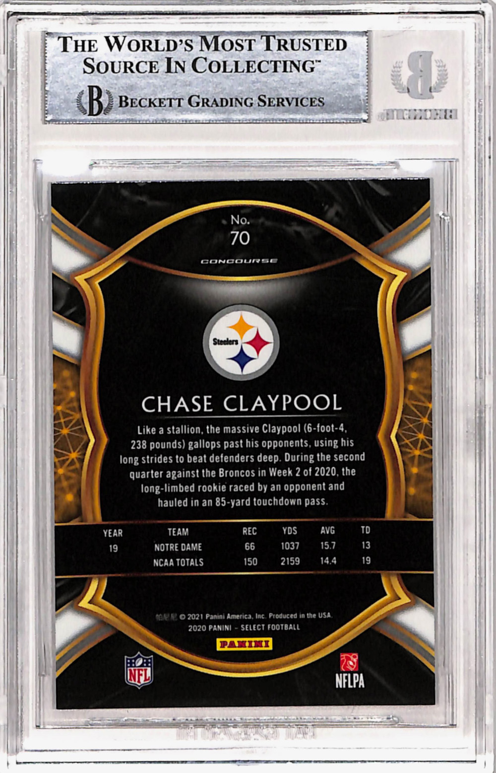 Chase Claypool Signed 2020 Panini Select #70 Rookie Card Beckett 10 Slab