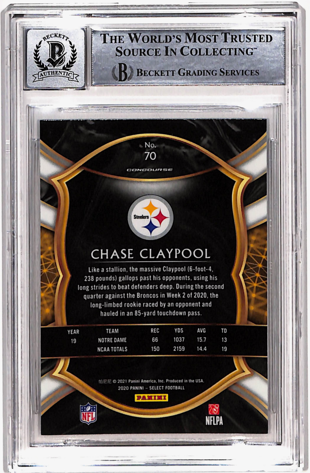 Chase Claypool Signed 2020 Panini Select #70 Rookie Card Beckett Slab