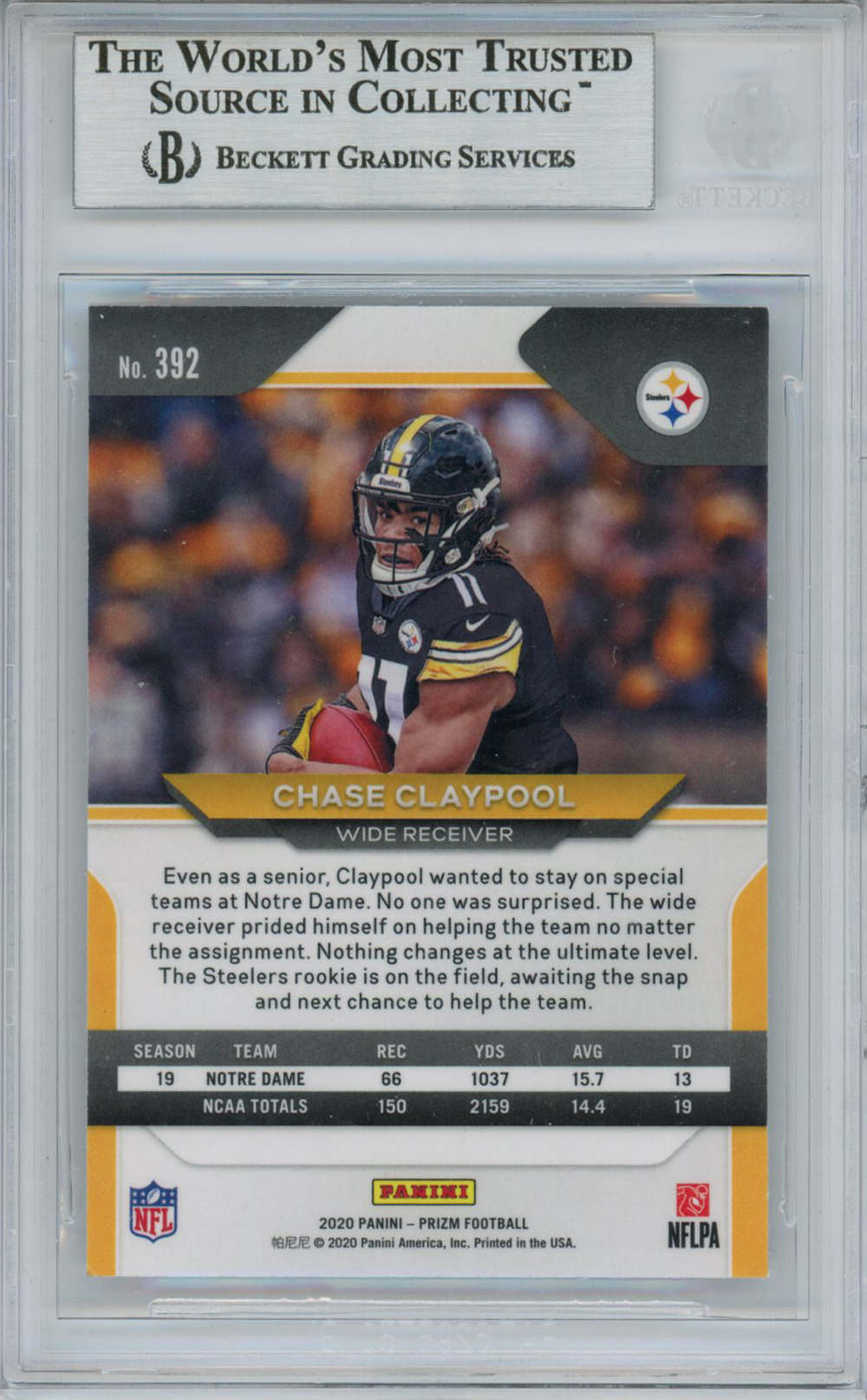 Chase Claypool Autographed 2021 Panini Prizm #392 Trading Card BAS Slab