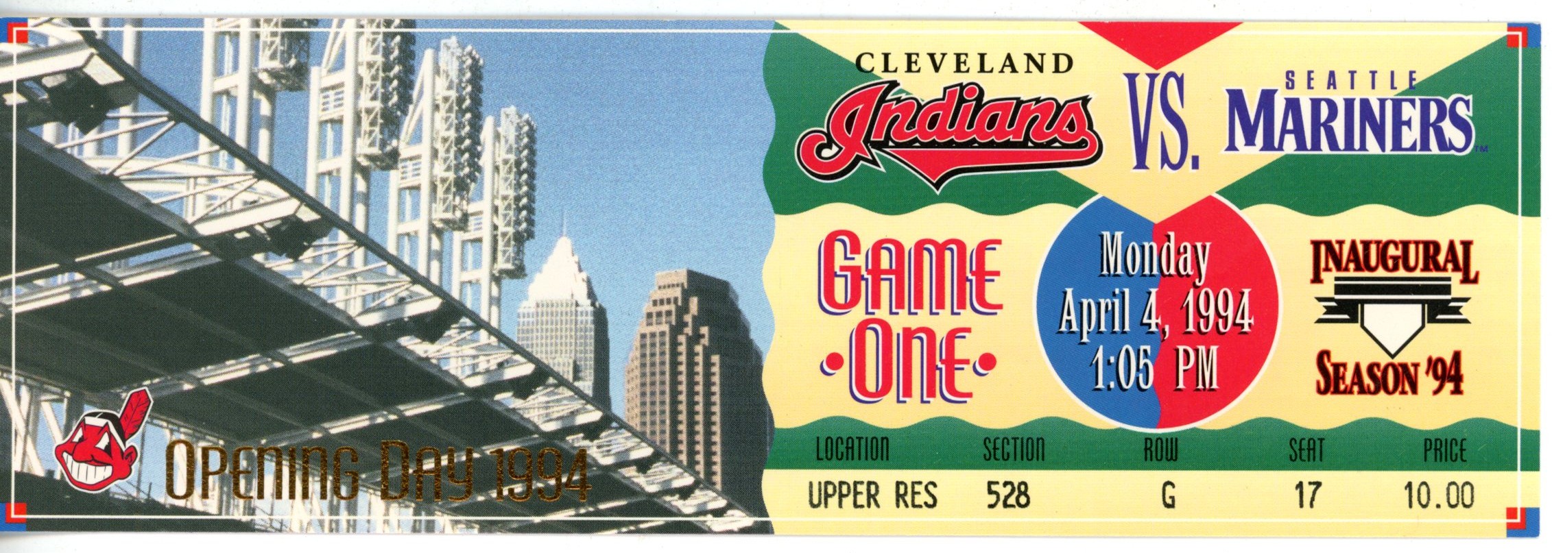 Cleveland Indians Jacobs Field Inaugural Season 04/04/94 Mariners Ticket 56246