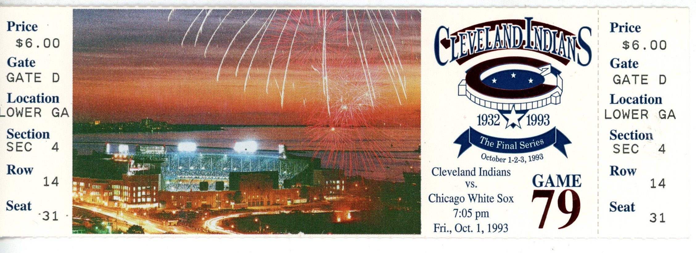 Cleveland Indians Municipal Stadium Last Series 10/1-3 93 White Sox Ticket 56247 1 Cleveland Indians Municipal Stadium Last Series 10/1-3 93 White Sox Ticket 56247