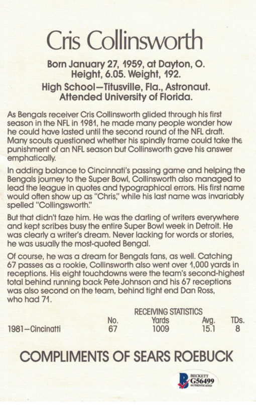 Chris Collinsworth Signed Cincinnati Bengals 5.5"x 8.5" Marketcom Poster BAS 27084