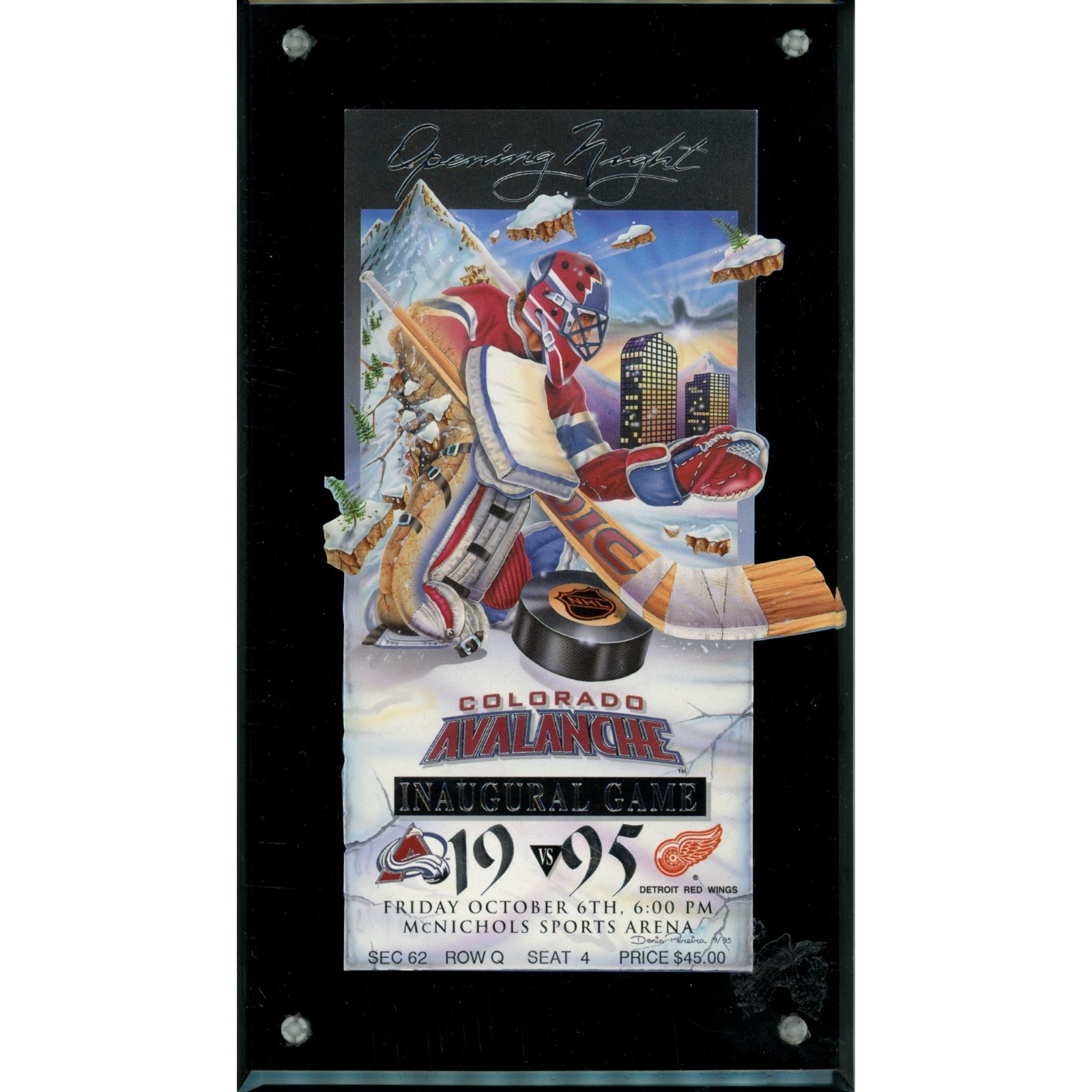 Colorado Avalanche NHL 10/6/1995 Inagural Debut Game Ticket In Case 57812 1 Colorado Avalanche NHL 10/6/1995 Inagural Debut Game Ticket In Case 57812