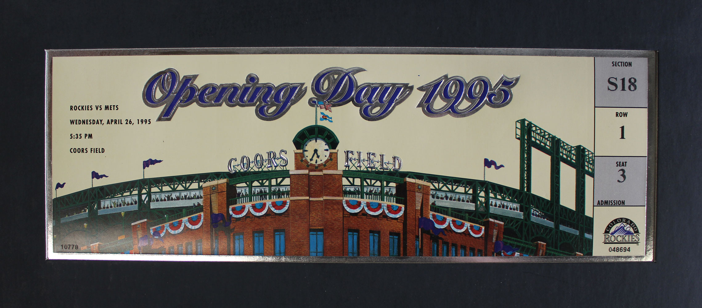 Colorado Rockies Commemorative 1995 Opening Day Ticket Matted 10004
