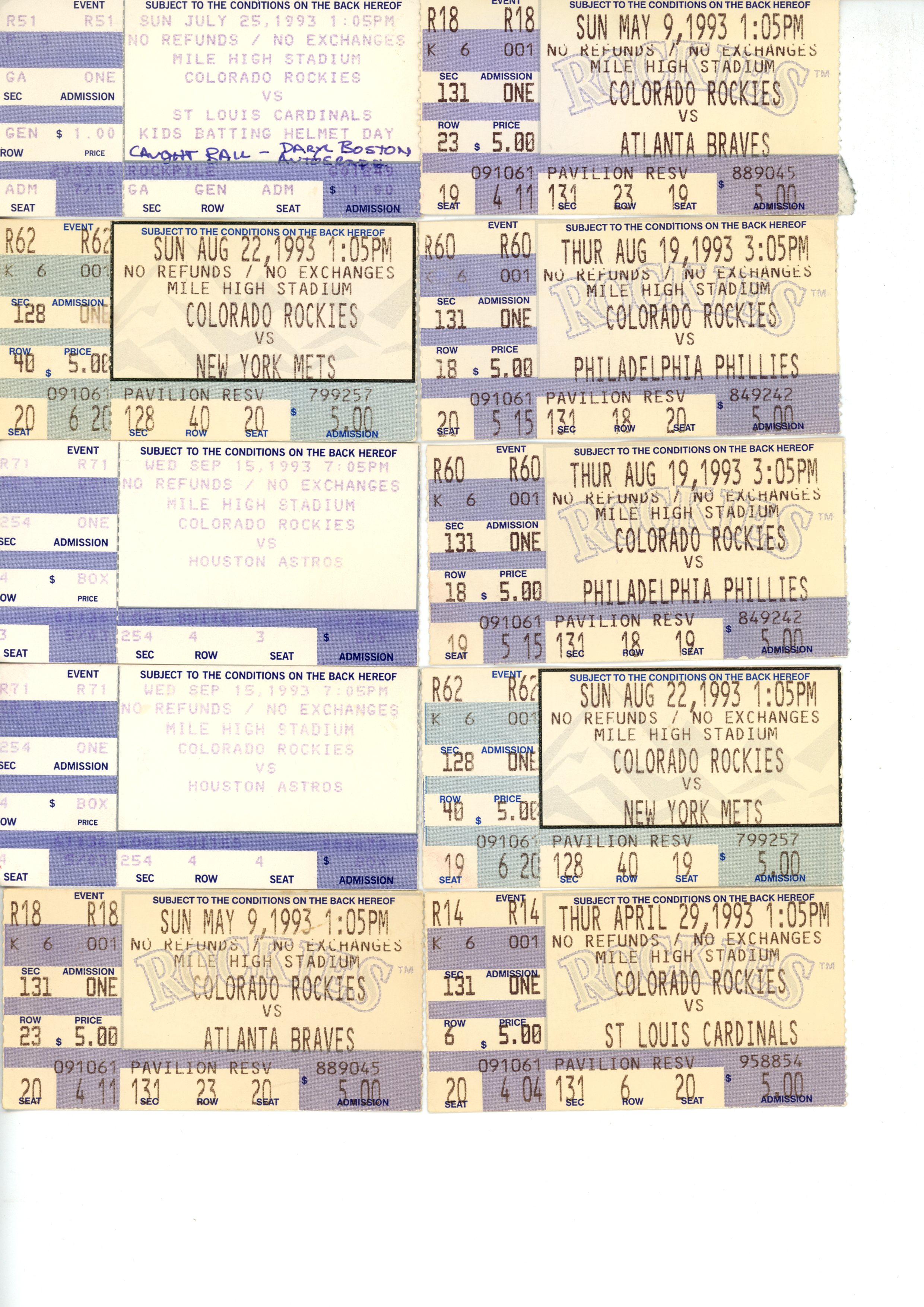 Colorado Rockies 1993 Inaugural Season 22 Ticket Lot 1993 Season 56242