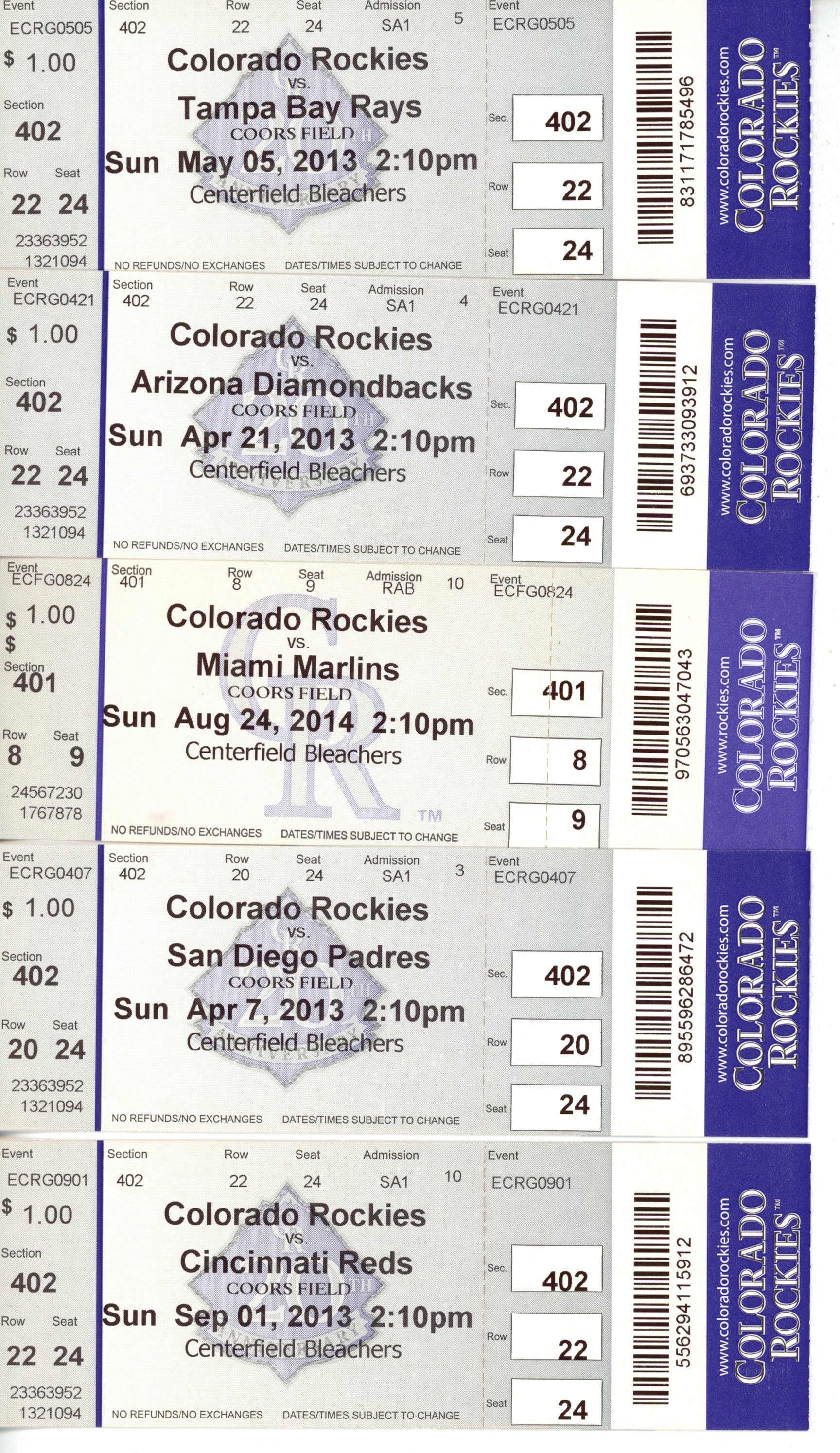 Colorado Rockies 250 Quantity Ticket Lot From Seasons 1995-2014 56243