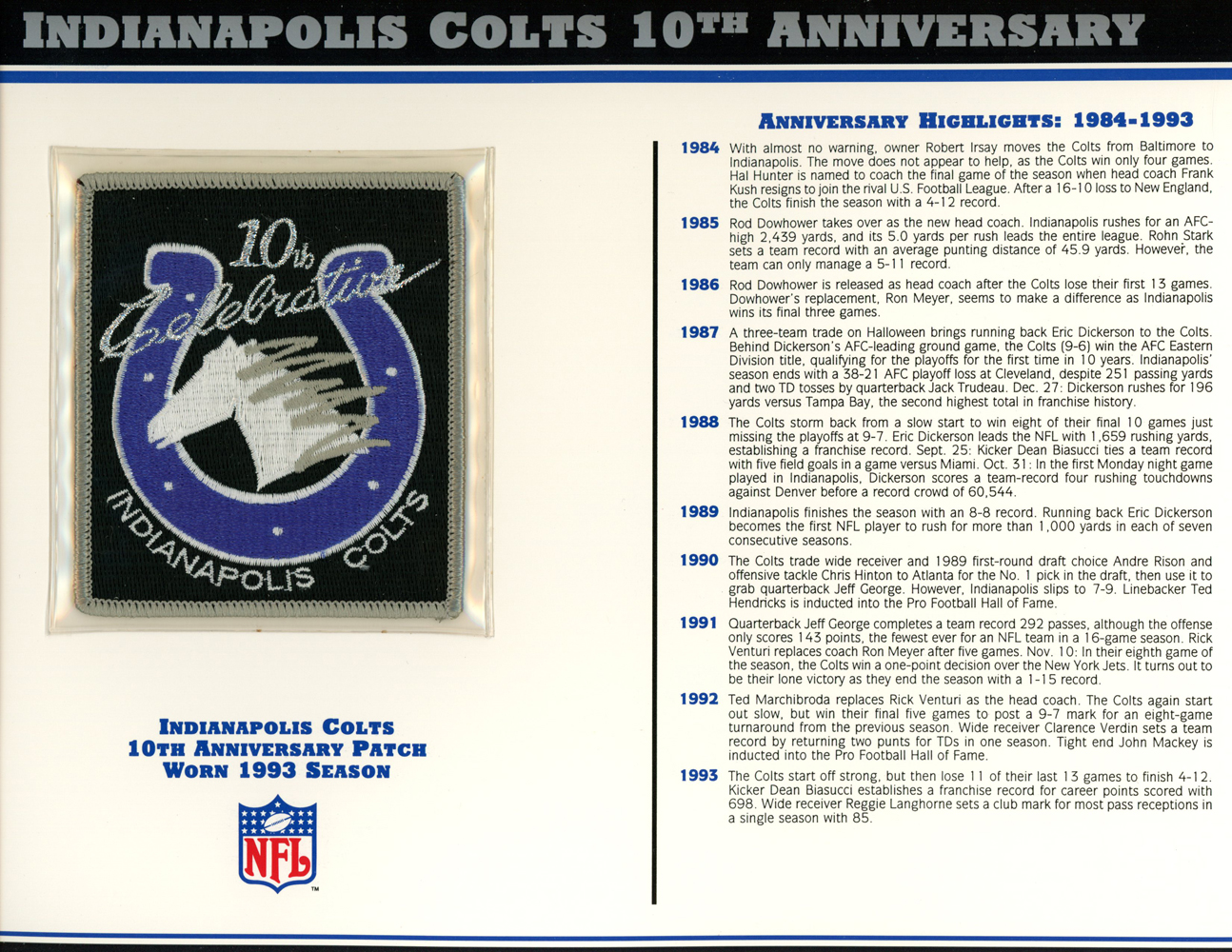Indianapolis Colts 10th Anniversary Patch Stat Card Official Willabee & Ward
