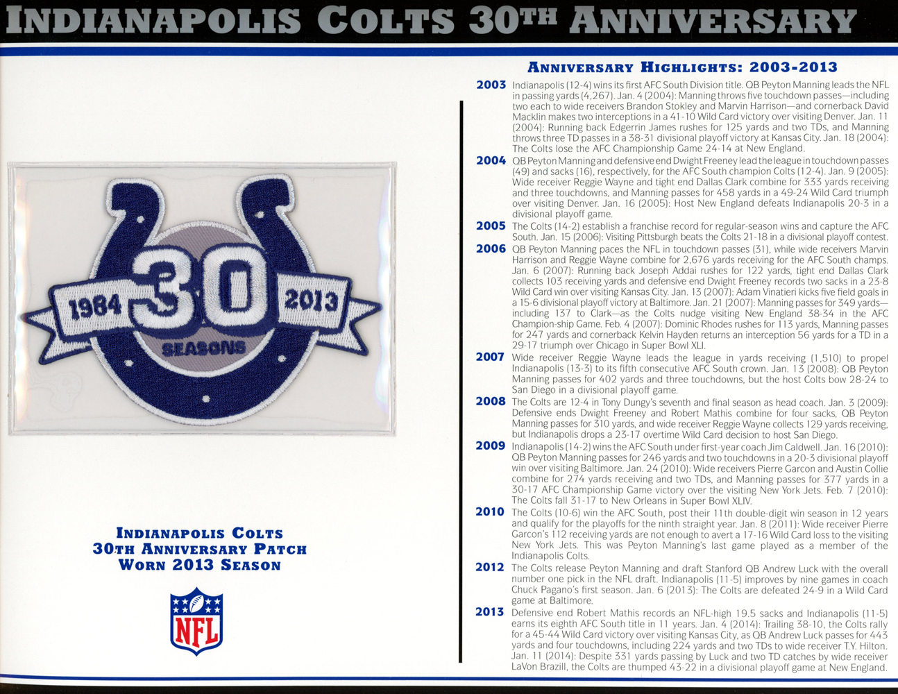 Indianapolis Colts 30th Anniversary Patch Stat Card Official Willabee & Ward