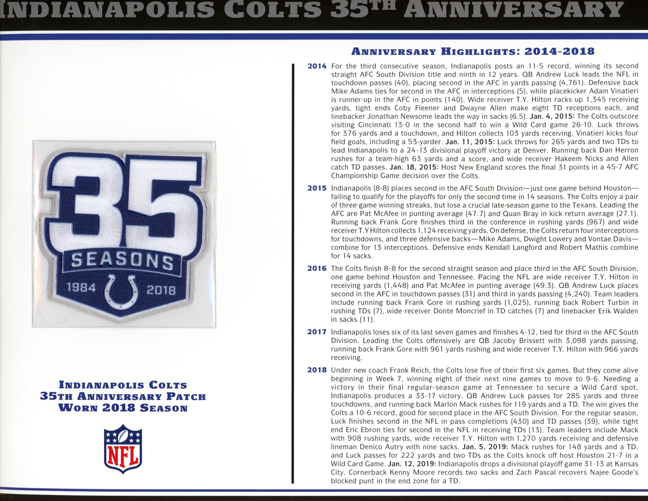 Indianapolis Colts 35th Anniversary Patch Stat Card Official Willabee & Ward
