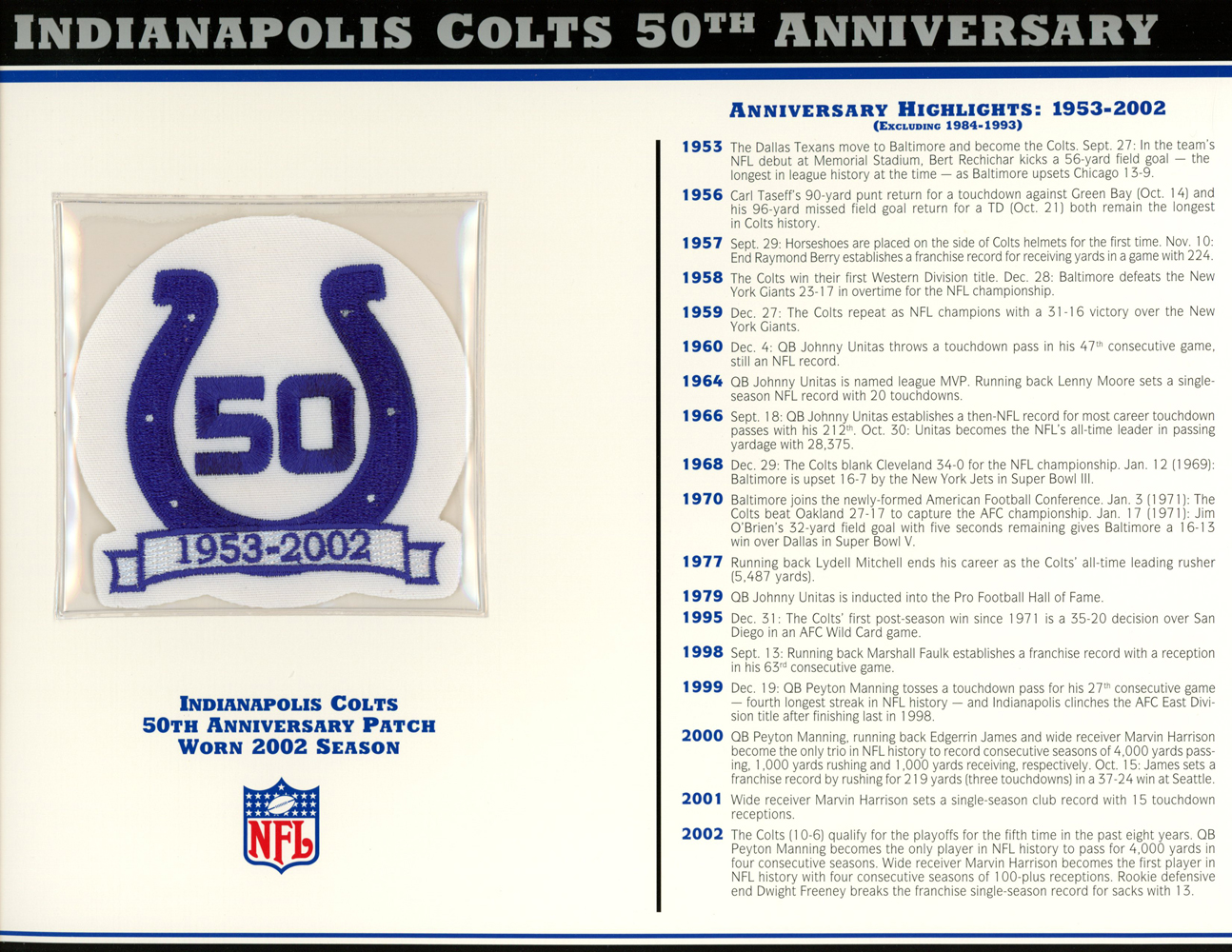 Indianapolis Colts 50th Anniversary Patch Stat Card Official Willabee & Ward