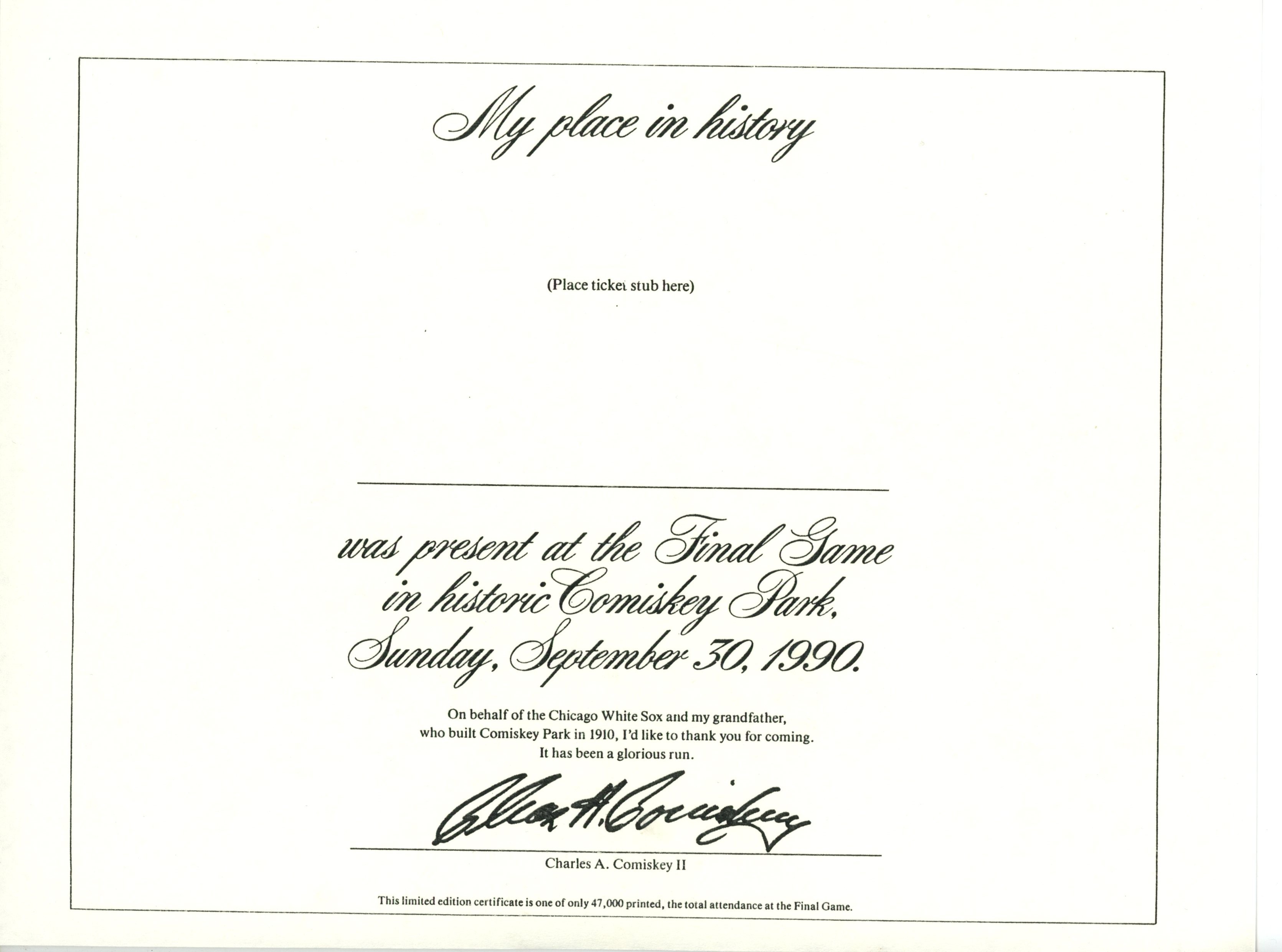 Chicago White Sox Comiskey Park Final Game 09/30/1990 Certificate 56270