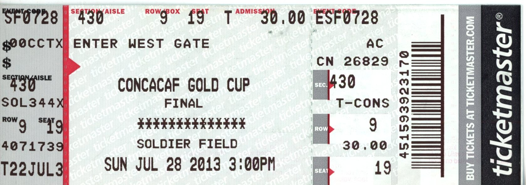 CONCACAF Gold Cup Final USA Men's Soccer vs Panama Ticket 7/28/2013 55562
