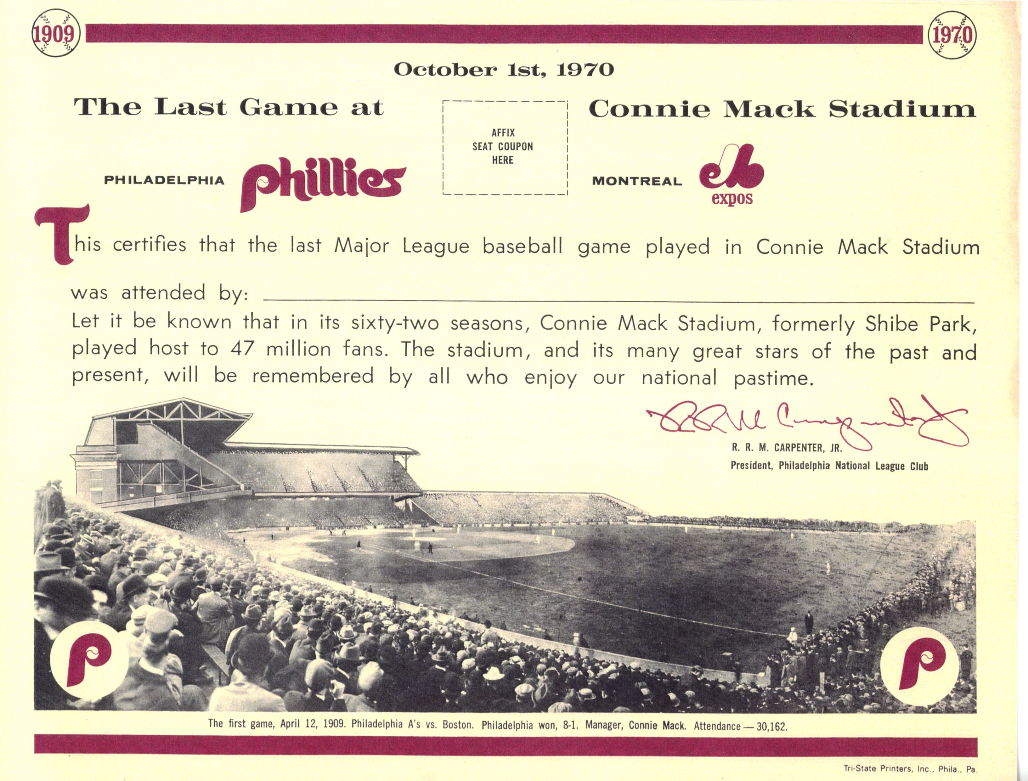 Philadelphia Phillies Connie Mack Stadium Final Game 10/1/1970 Certificate 56273