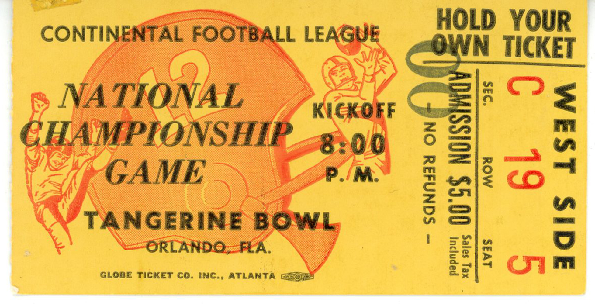 Continental Football League 1968 National Championship Ticket Stub