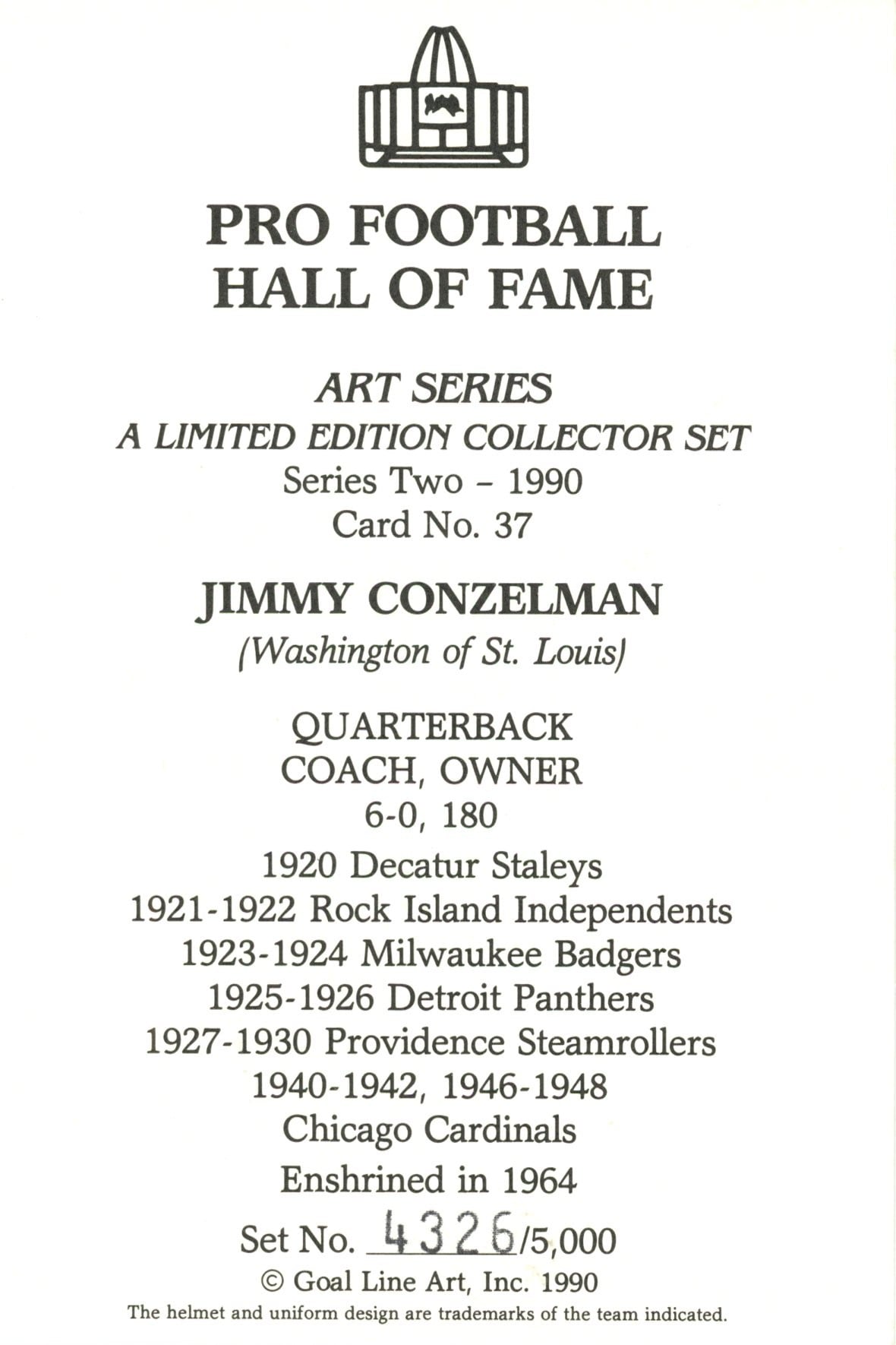Jimmy Conzelman Providence Steam Roller Goal Line Art Card No Jimmy Conzelman Providence Steam Roller Goal Line Art Card No. 37 /5000 58055