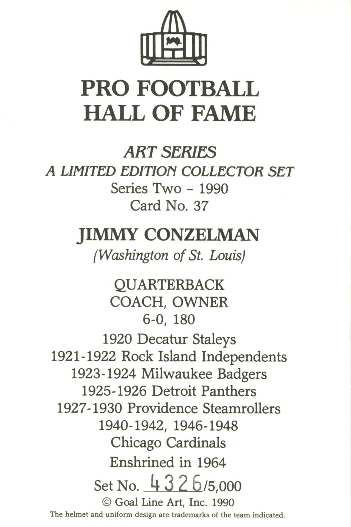 Jimmy Conzelman Providence Steam Roller Goal Line Art Card No. 37 /5000 58055