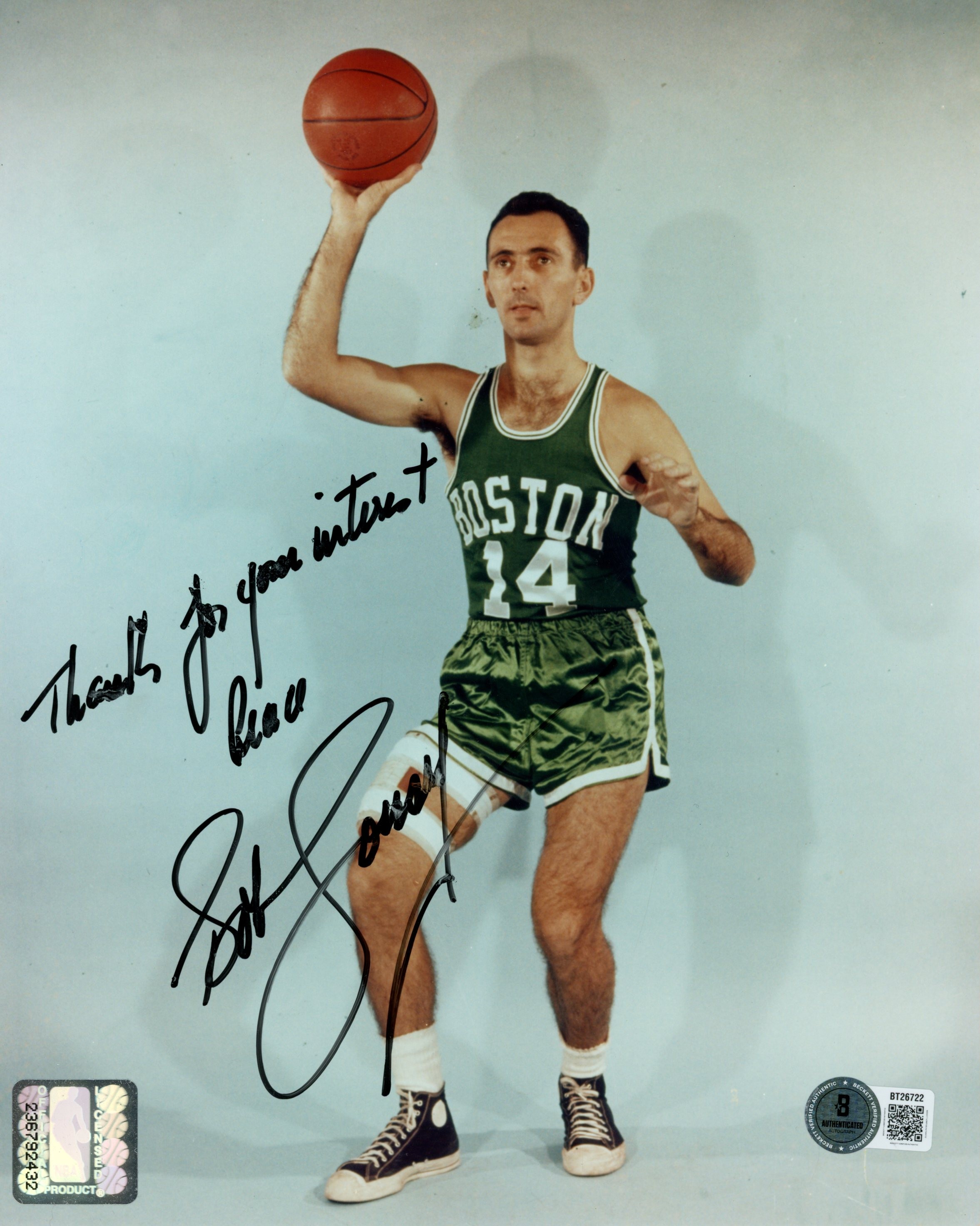 Bob Cousy Autographed/Signed Boston Celtics 8x10 Photo Inscription Beckett 56623