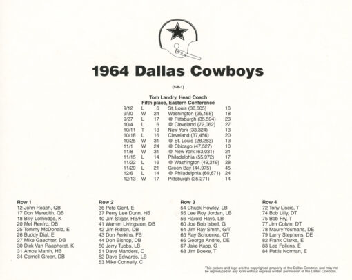 Dallas Cowboys 1964 Team Roster 8x10 Photo 48464