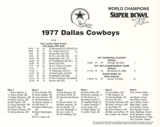 Dallas Cowboys 1977 SB XII Champions Team Roster 8x10 Photo 48458