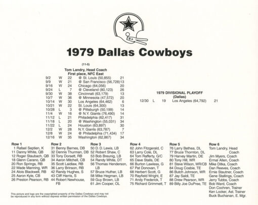 Dallas Cowboys 1979 Team Roster 8x10 Photo 48456