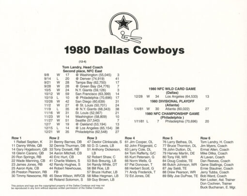Dallas Cowboys 1980 Team Roster 8x10 Photo 48455