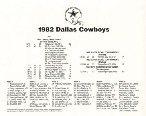 Dallas Cowboys 1982 Team Roster 8x10 Photo 48453