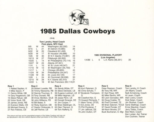 Dallas Cowboys 1985 Team Roster 8x10 Photo 48450