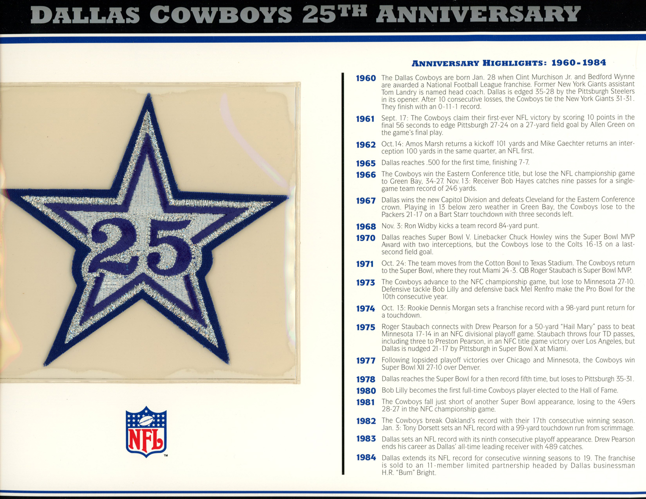 Dallas Cowboys 25th Anniversary Patch Stat Card Official Willabee & Ward