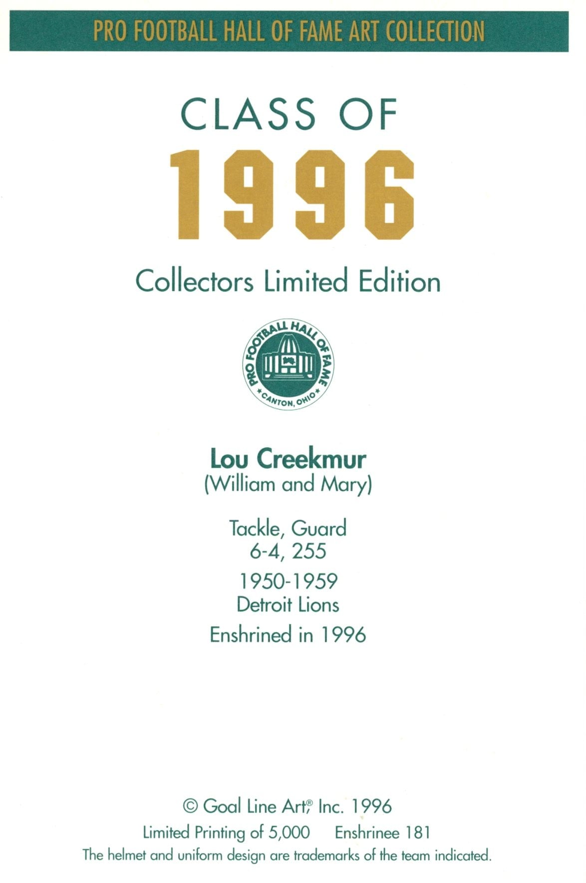 Lou Creekmur Detroit Lions Goal Line Art Card Class of 1996 58056 2 Lou Creekmur Detroit Lions Goal Line Art Card Class of 1996 58056