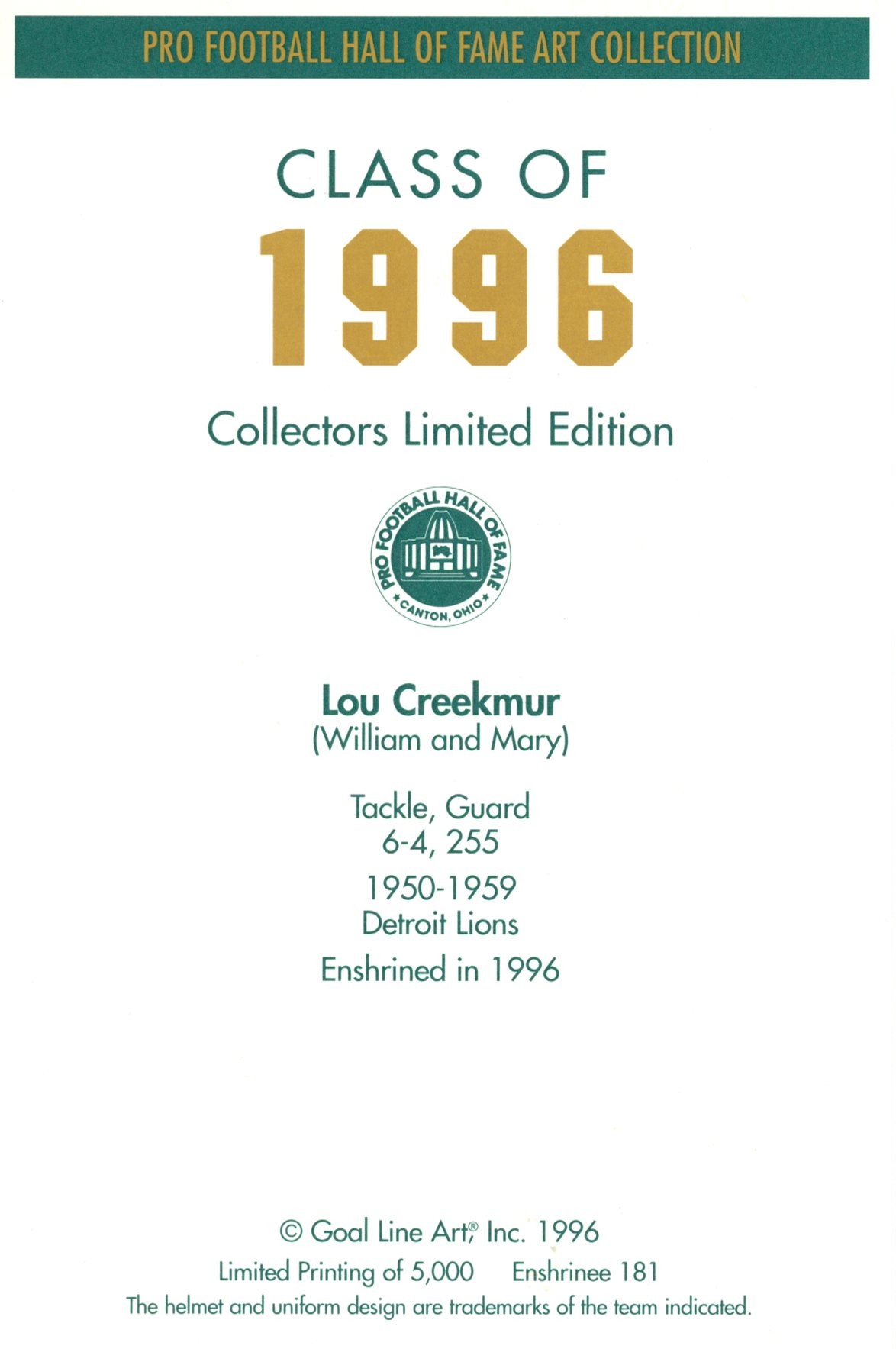 Lou Creekmur Detroit Lions Goal Line Art Card Class of 1996 58056 2 Lou Creekmur Detroit Lions Goal Line Art Card Class of 1996 58056
