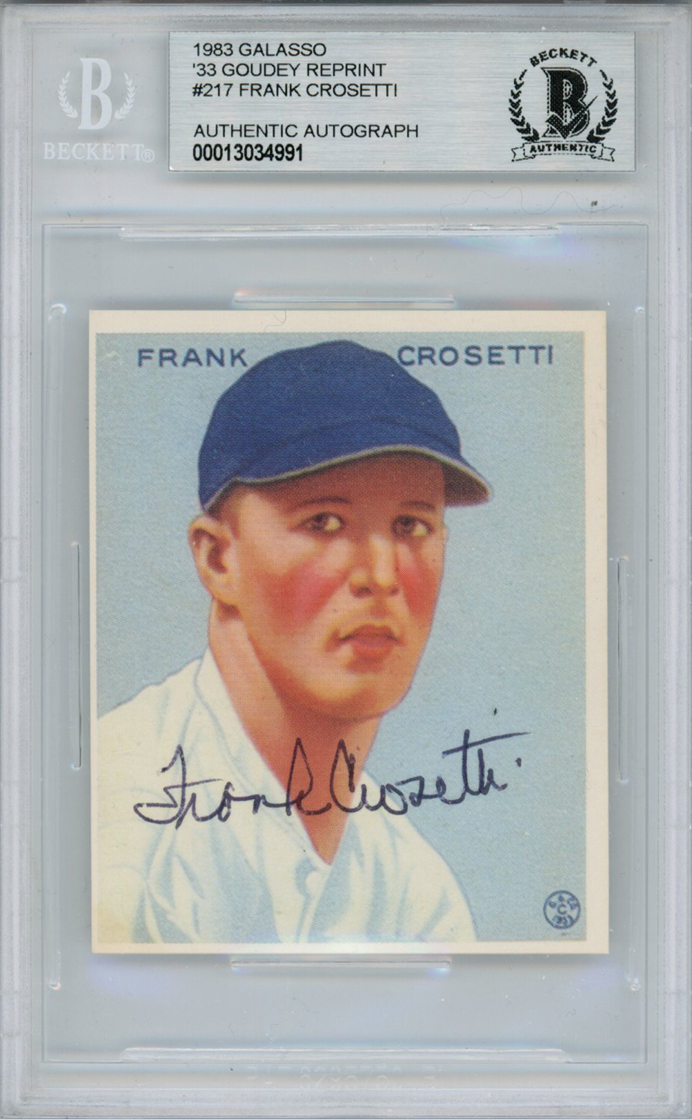 Frank Crosetti Signed 1983 Galasso '33 Goudey Reprint #217 Card Beckett Slab