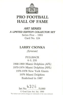 Larry Csonka Miami Dolphins Goal Line Art Card Series 5 No. 124 LE /5000 58057