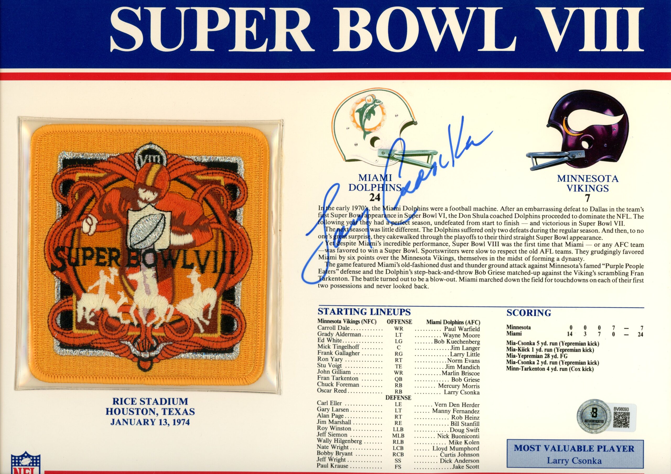 Larry Csonka Autographed Miami Dolphins SB VIII Patch Stat Card Beckett 54943