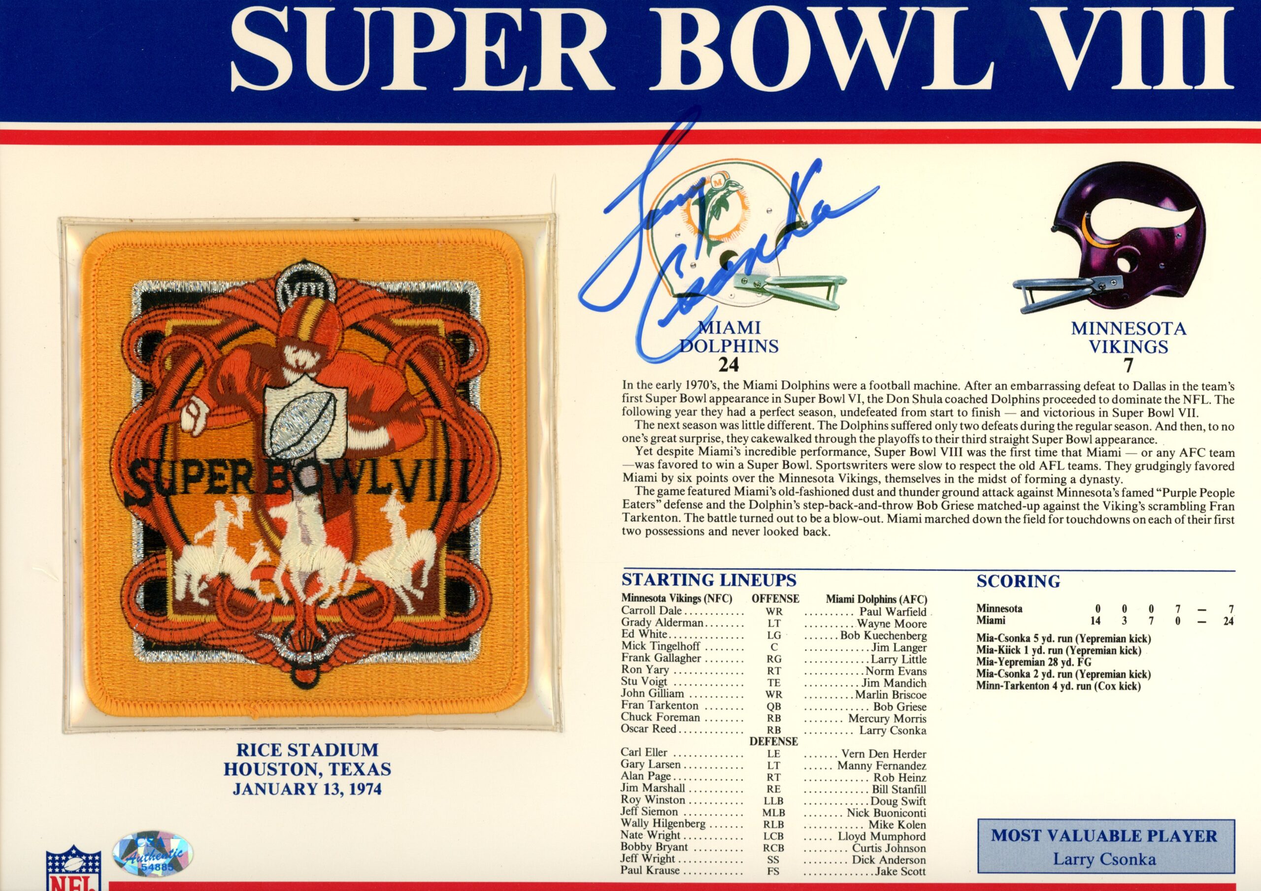 Larry Csonka Autographed Miami Dolphins SB VIII Patch Stat Card Beckett 54944